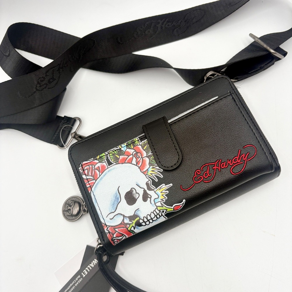 Ed Hardy Black Vegan Leather Wallet Crossbody Bag‎ Skull Rose Tattoo Design